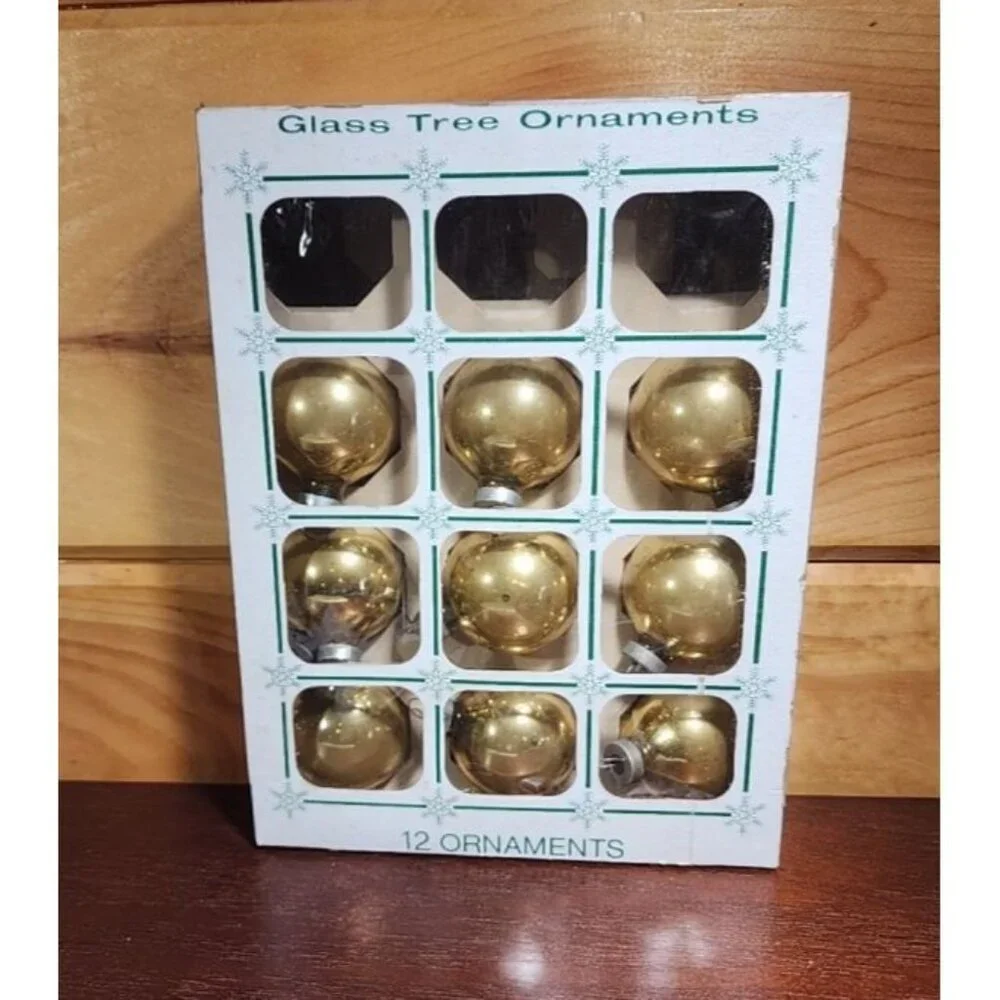 ESSEX FRANKE COMPANY GLASS GOLD BALL CHRISTMAS ORNAMENTS 2” DIAMETER Box Of 9
